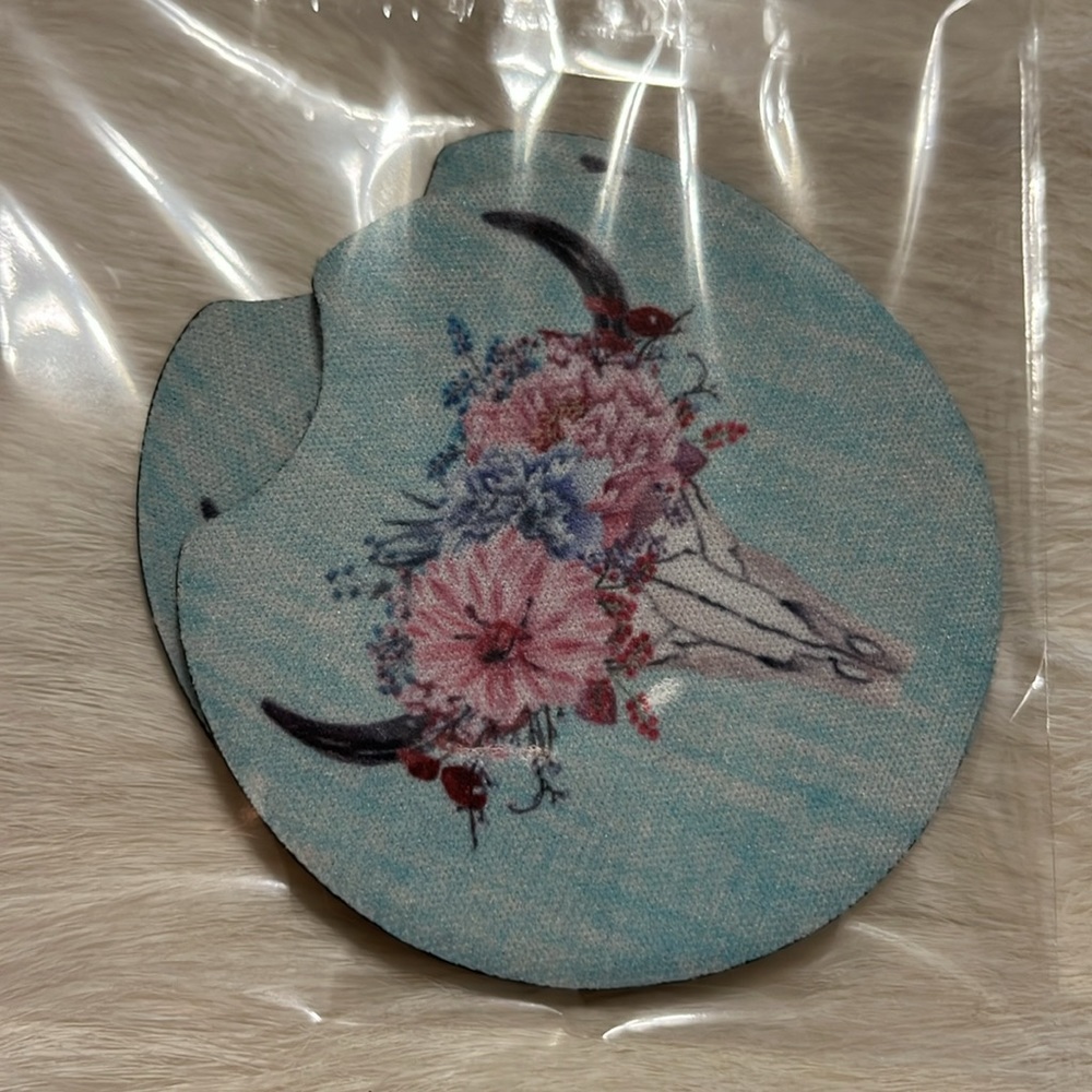 Car Coasters Floral Cow Skull - set of 2 - Picture 4 of 4